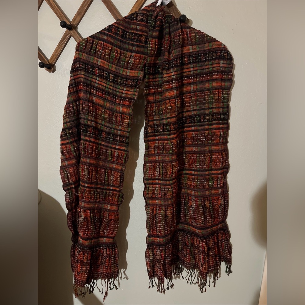 Chico's Vintage Vibrant Striped Wool Blend Fringe Scarf 76”